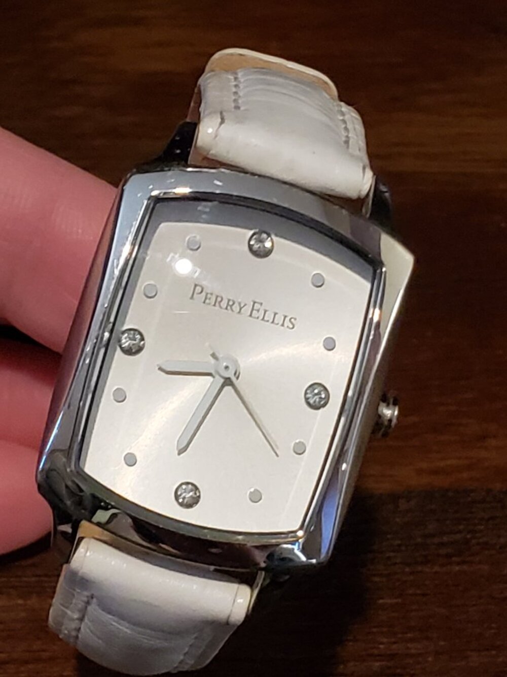 Perry Ellis White Leather Band Silver Rectangle Face Diamond Accent Wrist Watch